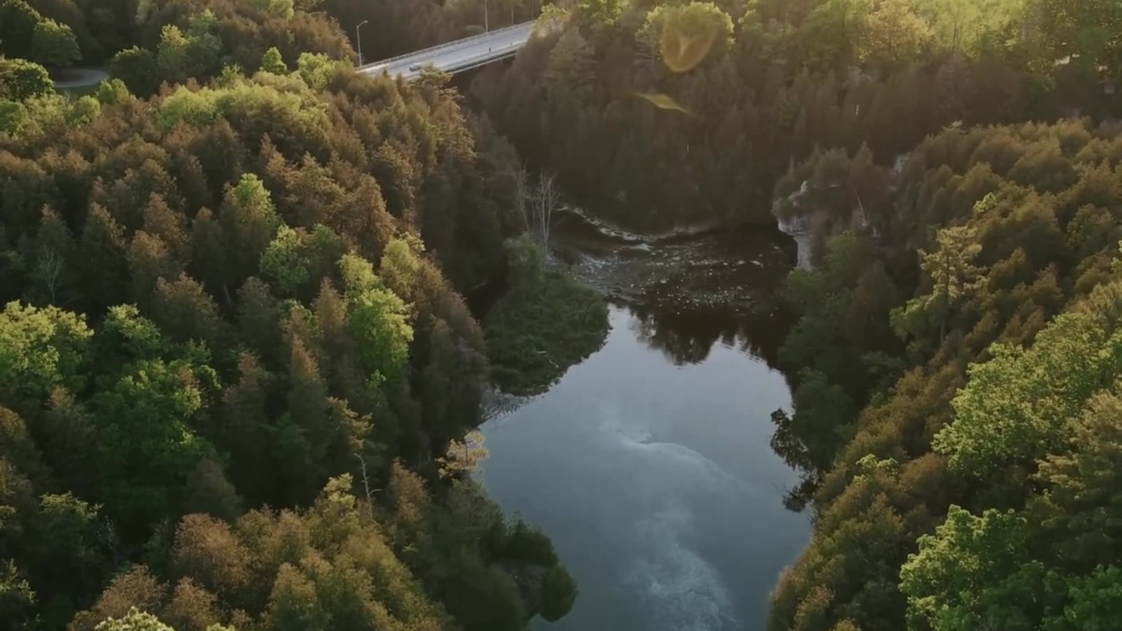 The Grand River winding through farmland from the air